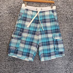 North Cost Sweat Short Adult Small Blue White Swim Active Plaid Cargo Pocket Men